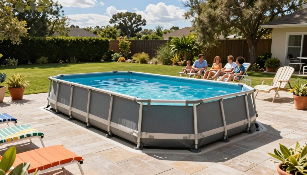 A spacious and inviting backyard featuring a large, sturdy above-ground swimming pool, showcasing its metallic frame and robust structure. The pool is filled with crystal-clear water, reflecting sunlight and surrounded by a neat stone patio. In the foreground, colorful poolside loungers and leafy potted plants add a touch of vibrancy. In the middle ground, a family enjoys the pool area, depicted in modest casual clothing, relaxing and socializing, embodying a sense of comfort and joy. The background presents a well-manicured lawn and tall trees, under a clear blue sky with soft white clouds. The lighting is bright and cheerful, creating a warm, welcoming atmosphere. The image is captured from a slightly elevated angle, emphasizing the pool's size and the inviting scenery around it.