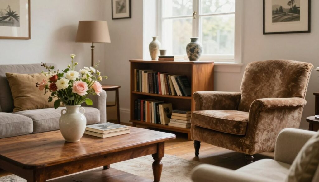 A spacious, modern living room filled with a variety of old furniture pieces, artfully arranged. In the foreground, a vintage wooden coffee table is adorned with a stylish vase of fresh flowers, while a retro armchair sits nearby, showing wear but possessing character. In the middle, there's a bookshelf filled with classic novels, with some books slightly askew, suggesting use. The background features a bright window allowing warm, natural light to flood the room, casting soft shadows. A sense of nostalgia and charm fills the atmosphere, evoking memories of cherished items. The overall composition should be inviting, showcasing the potential for selling old furniture online or locally. Use soft focus to enhance the warm ambiance, with an angle that highlights the furniture's details. A spacious, modern living room filled with a variety of old furniture pieces, artfully arranged. In the foreground, a vintage wooden coffee table is adorned with a stylish vase of fresh flowers, while a retro armchair sits nearby, showing wear but possessing character. In the middle, there's a bookshelf filled with classic novels, with some books slightly askew, suggesting use. The background features a bright window allowing warm, natural light to flood the room, casting soft shadows. A sense of nostalgia and charm fills the atmosphere, evoking memories of cherished items. The overall composition should be inviting, showcasing the potential for selling old furniture online or locally. Use soft focus to enhance the warm ambiance, with an angle that highlights the furniture's details.
