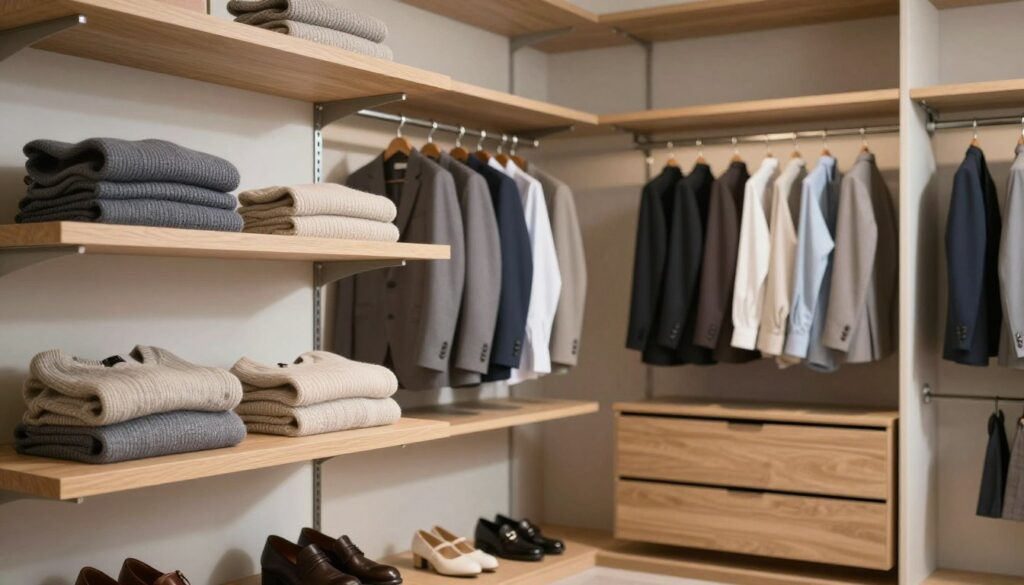 A spacious wardrobe interior, showcasing an ergonomic design with thoughtfully arranged shelves, rods, and drawers. The foreground features a close-up of adjustable shelves made of light wood, displaying neatly folded sweaters and stacked shoes. The middle section reveals multiple hanging rods filled with organized suits and shirts, expertly spaced for easy access. The background displays a soft ambient light filtering in, illuminating the entire space and casting gentle shadows. The wardrobe's interior walls are painted in a soft neutral color, creating a serene atmosphere. The scene is captured from a slightly elevated angle, emphasizing the layout's functionality and inviting nature. Overall, the image conveys a sense of order and practicality, ideal for illustrating the principles of ergonomic wardrobe design.