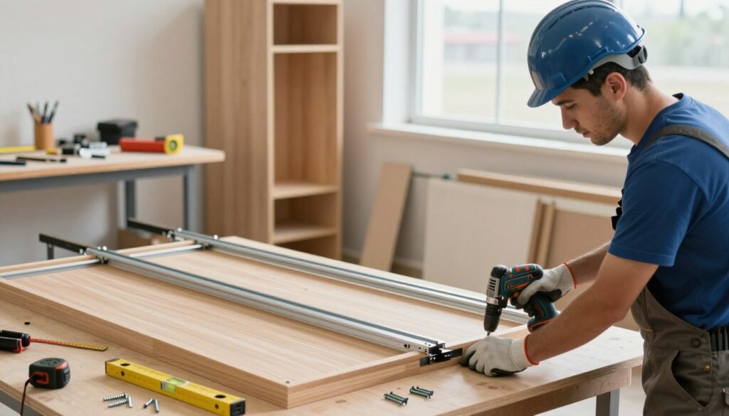 A staged workshop scene featuring the assembly of a sliding wardrobe frame. In the foreground, a skilled carpenter wearing a safety helmet and work gloves carefully aligns wooden panels using a power drill. The middle section showcases the wardrobe frame partially assembled with metal tracks for sliding doors, demonstrating precision in construction. Tools such as a measuring tape, level, and screws are scattered around, emphasizing the craftsmanship involved. The background includes an organized workbench with additional hardware and a soft-focus view of a large window allowing natural light to illuminate the workspace, creating a bright and focused atmosphere. The overall mood conveys professionalism, dedication to detail, and the satisfaction of crafting functional furniture.