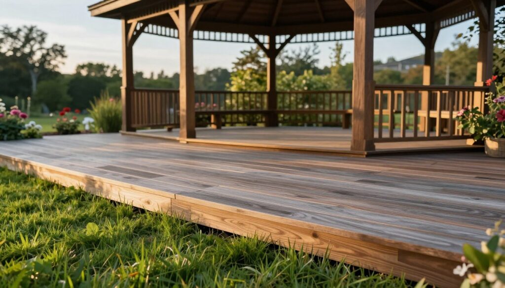 A stunning outdoor scene showcasing composite decking boards elegantly arranged in a well-designed garden gazebo. In the foreground, vibrant green grass contrasts with the rich textures of the composite wood, displaying various shades of brown and gray, showcasing its wood-like appearance. In the middle ground, the gazebo features an open design with sturdy support beams and large windows, allowing natural light to filter through, illuminating the decking. Lush plants and flowers surround the structure, enhancing the inviting atmosphere. The background features a serene landscape with trees and a gentle blue sky, creating a warm and welcoming mood. The lighting is soft and golden, reminiscent of late afternoon sunlight, captured with a shallow depth of field to emphasize the decking's detail and quality. A stunning outdoor scene showcasing composite decking boards elegantly arranged in a well-designed garden gazebo. In the foreground, vibrant green grass contrasts with the rich textures of the composite wood, displaying various shades of brown and gray, showcasing its wood-like appearance. In the middle ground, the gazebo features an open design with sturdy support beams and large windows, allowing natural light to filter through, illuminating the decking. Lush plants and flowers surround the structure, enhancing the inviting atmosphere. The background features a serene landscape with trees and a gentle blue sky, creating a warm and welcoming mood. The lighting is soft and golden, reminiscent of late afternoon sunlight, captured with a shallow depth of field to emphasize the decking's detail and quality.