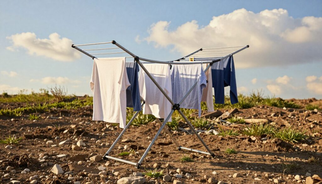 A sturdy garden clothes drying rack stands firmly on uneven ground, showcasing clever stabilization techniques. In the foreground, the rack is filled with freshly washed clothes flapping gently in the breeze. The middle ground features uneven soil with small stones and patches of grass, emphasizing the challenging terrain. In the background, a sunny blue sky with a few fluffy clouds adds warmth and brightness to the scene. The light casts soft shadows, suggesting a late afternoon setting. The overall mood is practical and serene, highlighting the ingenuity of creating a stable drying structure outdoors. The perspective is slightly angled, capturing the entire drying rack and its surroundings.