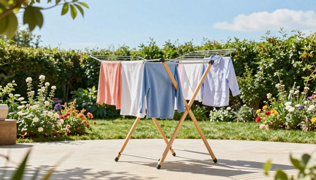 A sturdy outdoor clothes drying rack made of durable wood and metal. In the foreground, the rack is filled with freshly washed laundry, with colorful shirts and towels billowing gently in a soft breeze. The middle ground features a well-maintained garden with blooming flowers and lush greenery, providing a vibrant backdrop. The sunlight filters through the leaves, casting dappled shadows on the ground. In the background, a clear blue sky enhances the peaceful atmosphere. Capture the scene from a slightly elevated angle to emphasize the construction's stability and aesthetic appeal. The overall mood is serene and inviting, showcasing a practical yet attractive outdoor laundry solution.