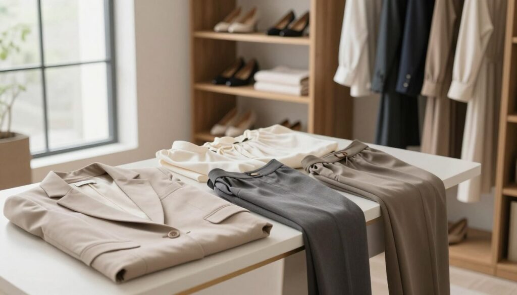 A stylish and organized capsule wardrobe displayed in a chic, modern setting. In the foreground, a neatly arranged selection of versatile clothing pieces, including tailored blazers, classic blouses, tailored pants, and elegant dresses, all crafted from high-quality fabrics in neutral and muted tones. In the middle, an aesthetically pleasing open closet with wooden shelves showcasing shoes, accessories, and folded garments, emphasizing minimalist design. The background features a soft-focus, bright, airy room with natural light filtering in through large windows, creating a serene atmosphere. The overall mood is sophisticated and well-curated, inviting a sense of calm and intentionality. Capture the essence of a thoughtful approach to clothing that aligns with a modern lifestyle.