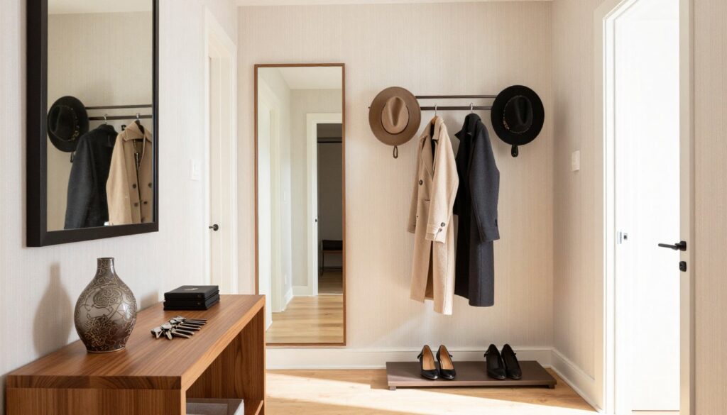 A stylish and organized hallway featuring a modern entryway design. In the foreground, there is a sleek wooden console table with neatly arranged keys and a chic decorative vase. The middle ground showcases a well-structured coat rack with several coats and hats hung neatly, alongside a pair of stylish shoes on a minimalist shoe rack. The backdrop includes a large, welcoming mirror that reflects soft, warm lighting, creating an inviting atmosphere. The walls are adorned with subtle, light-colored wallpaper, enhancing the brightness of the space. The scene should evoke a sense of order, sophistication, and practicality, captured with a wide-angle lens to emphasize spatial dynamics, illuminated by natural light streaming in through an adjacent doorway.