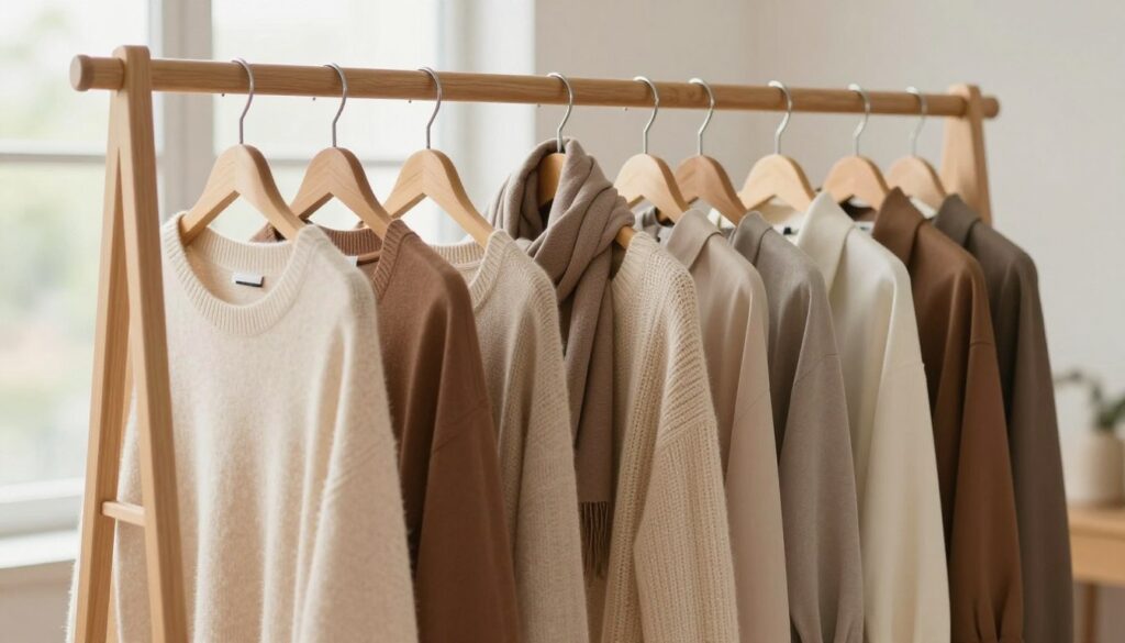 A stylish capsule wardrobe displayed elegantly on a minimalist, wooden clothing rack. The foreground features a well-organized array of seasonal clothing: light sweaters, versatile trousers, and classic dresses, showcasing a harmonious color palette of earthy tones and soft pastels. In the middle, there are neatly folded accessories like scarves and belts that match the outfits, exuding a sense of thoughtful preparation for various occasions. The background is a softly blurred bright room with natural light filtering in through large windows, enhancing the cozy yet sophisticated atmosphere. Use a warm and inviting lighting setup with a shallow depth of field. The overall mood reflects a sense of calm organization, symbolizing the perfect balance of style and functionality for every season and occasion.