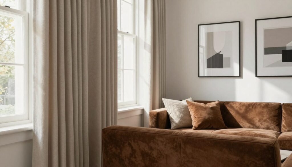 A stylish home interior featuring an elegant window treatment that showcases the fundamental principles of selecting window textiles. In the foreground, a pair of finely pleated curtains in soft, neutral tones, complemented by rich brown furniture. The middle ground includes a cozy seating area with textured cushions in harmonious colors, creating an inviting atmosphere. The background features white walls adorned with framed artwork, reflecting modern aesthetic sensibilities. Natural light streams through the windows, highlighting the fabrics and casting soft shadows, creating a warm ambiance. The scene is captured with a wide-angle lens, emphasizing the thoughtful arrangement of colors and textures, evoking a sense of comfort and style. The overall mood is serene and sophisticated, perfect for illustrating the principles of textile selection in window treatments.