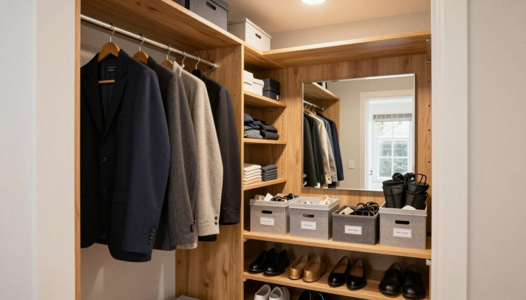 A stylish interior of a hallway wardrobe, showcasing a well-organized space designed for jackets, shoes, and home accessories. In the foreground, a sleek set of hooks for jackets is hung at eye level, while beneath, neatly arranged shoes are placed on a wooden shelf. In the middle, there are various boxes and bins for storing small accessories, all labeled for easy access. The background features a mirror reflecting the light from an overhead ceiling fixture, illuminating the warm wood tones of the shelving. The scene should convey a functional yet inviting atmosphere, with soft, natural light enhancing the tidy arrangement. The perspective should be from a slightly elevated angle, capturing the depth and organization of the wardrobe.