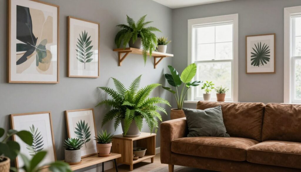 A stylish interior scene featuring neutral gray walls and rich brown furniture. The foreground includes a mix of decorative wall art, such as abstract paintings and framed botanical prints, enhancing the cozy atmosphere. In the middle ground, vibrant indoor plants like ferns and succulents add a pop of green, placed on wooden shelves and beside the furniture. The background showcases a softly lit window, allowing natural light to pour in, creating a warm, inviting ambiance. Use a wide-angle lens to capture the depth of the space, emphasizing the harmonious blend of nature and decor against the neutral palette. The overall mood is serene, fresh, and revitalizing, ideal for a welcoming living area. A stylish interior scene featuring neutral gray walls and rich brown furniture. The foreground includes a mix of decorative wall art, such as abstract paintings and framed botanical prints, enhancing the cozy atmosphere. In the middle ground, vibrant indoor plants like ferns and succulents add a pop of green, placed on wooden shelves and beside the furniture. The background showcases a softly lit window, allowing natural light to pour in, creating a warm, inviting ambiance. Use a wide-angle lens to capture the depth of the space, emphasizing the harmonious blend of nature and decor against the neutral palette. The overall mood is serene, fresh, and revitalizing, ideal for a welcoming living area.