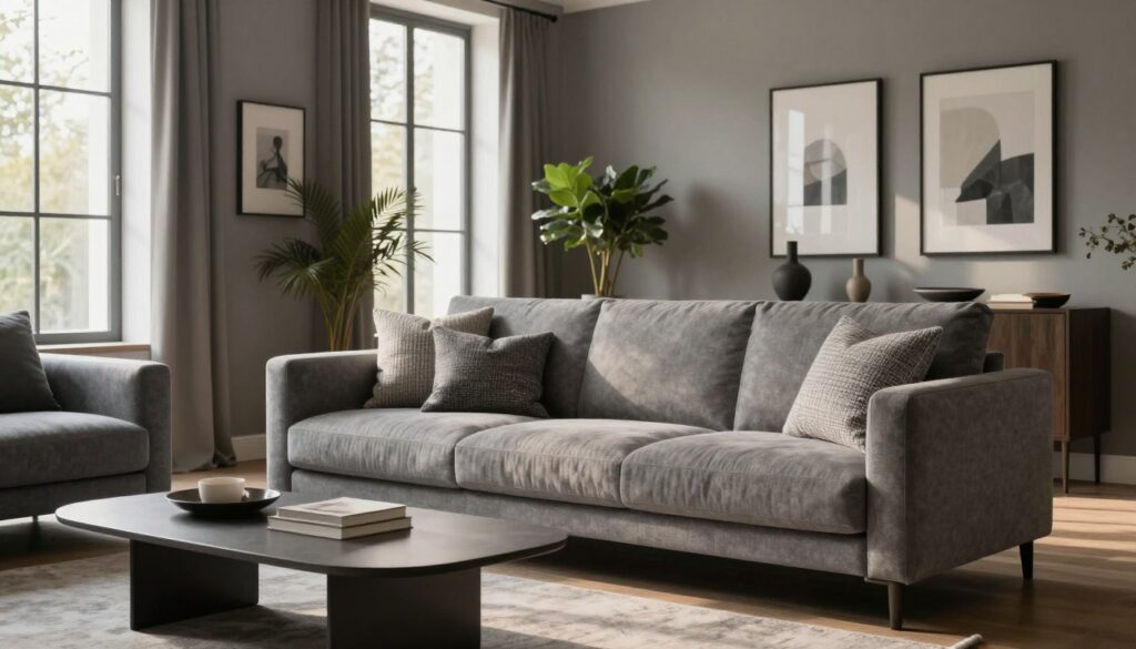 A stylish interior scene showcasing the harmonious integration of wall colors with gray furniture. In the foreground, a sleek gray sofa adorned with textured pillows sits next to a modern coffee table. The middle ground features a softly lit room with textured walls painted in a muted palette, complementing the gray tones of the furniture. Large windows allow natural light to spill in, casting gentle shadows. In the background, elegant artwork and indoor plants add life to the space, enhancing its sophistication. The atmosphere feels calm and inviting, perfect for a serene living environment. The image captures a balanced composition with attention to lighting, utilizing a warm tone that conveys comfort and elegance.