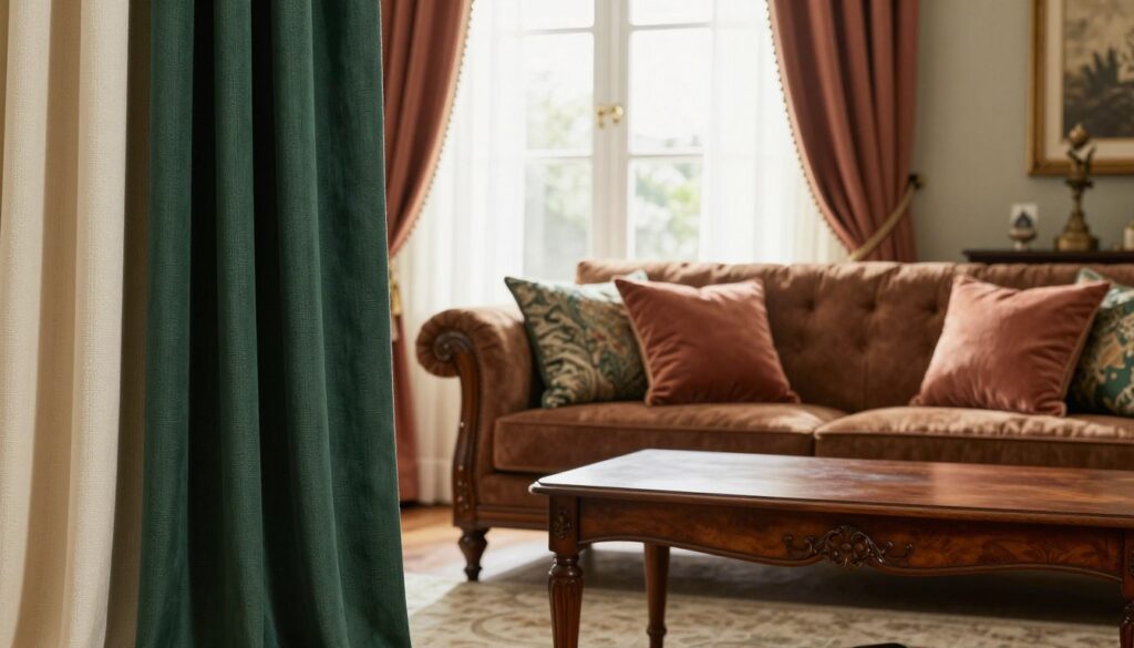 A stylish living room featuring elegant brown furniture, such as a rich mahogany sofa and a vintage coffee table. In the foreground, draped window treatments made from luxurious fabrics in complementary colors—perhaps deep greens, soft creams, or muted terracotta—are beautifully arranged. The middle ground showcases a cozy area with decorative cushions that match the curtain colors, enhancing the atmosphere of warmth and sophistication. In the background, a softly lit window allows gentle, natural light to illuminate the scene, creating a serene ambiance. The composition focuses on the textures and weaves of the fabrics, highlighting their significance in window decoration. The setting should convey a sense of comfort and stylish decor, appealing to readers interested in home aesthetics.