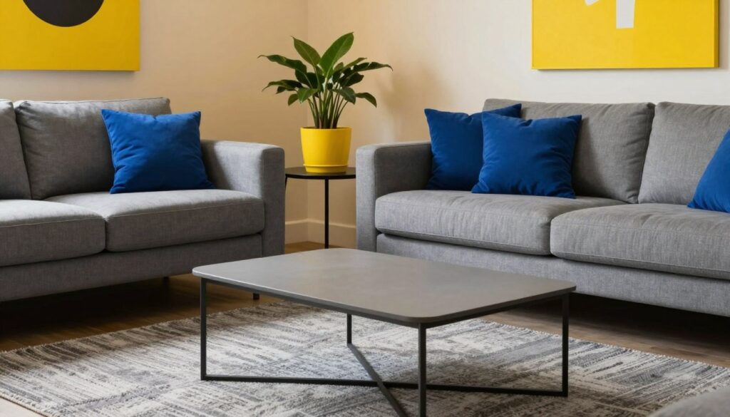 A stylish living room featuring gray furniture, such as a sleek sofa and minimalist coffee table, accented with bold color highlights like deep blue cushions and vibrant yellow artwork on the walls. The foreground showcases a textured area rug that complements the gray tones. In the middle ground, a chic side table holds a striking plant in a radiant pot, adding a natural element. The background features softly lit walls painted in a warm hue, creating an inviting atmosphere. Use natural daylight to enhance the cozy mood, with soft shadows adding depth. Capture the scene from a slightly elevated angle to showcase the layout and harmonize the colors effectively. The overall vibe should feel modern, sophisticated, and inspiring.