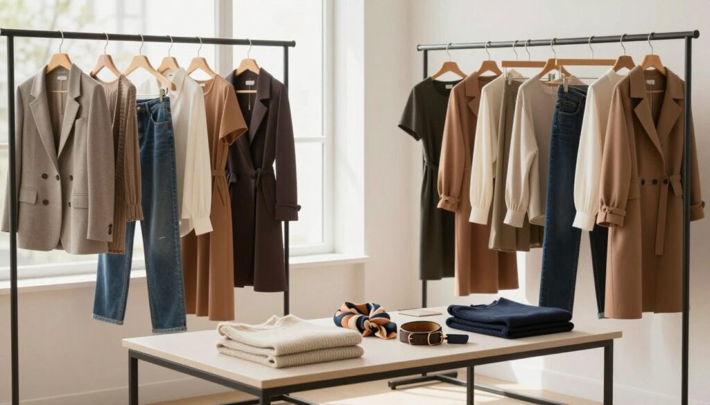 A stylish, modern capsule wardrobe displayed in a bright, airy room. In the foreground, a neatly organized clothing rack showcases a selection of essential garments: tailored blazers, versatile dresses, classic jeans, and chic tops in a harmonious color palette. On a sleek, minimalist table in the middle, neatly folded sweaters and accessories like scarves and belts add a touch of elegance. The background features a large, well-lit window allowing natural light to flood the space, highlighting the textures of the fabrics. The atmosphere is inviting and sophisticated, embodying the essence of thoughtful, intentional fashion. Soft shadows create depth, and the scene is captured from a slightly elevated angle to emphasize the layout and variety of clothing options.