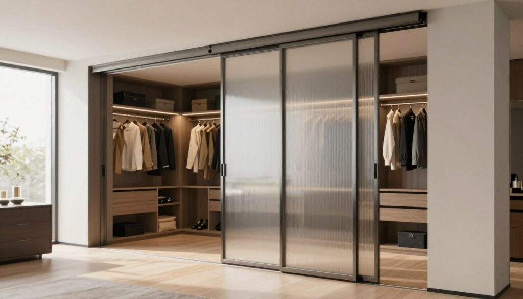 A stylish sliding wardrobe door system showcased in a modern interior space. In the foreground, focus on a sleek, contemporary sliding door with a brushed metal frame and frosted glass panels, highlighting its elegant design. The middle ground features a spacious, organized closet area with neatly arranged clothes and accessories, demonstrating functionality. In the background, soft natural light streams through a large window, illuminating the room and creating a warm, inviting atmosphere. Capture the image from a slightly elevated angle to provide depth, ensuring details like the smooth sliding mechanism and the clean lines of the wardrobe are visible. The overall mood is one of sophistication and practicality, perfect for showcasing the innovative sliding system. A stylish sliding wardrobe door system showcased in a modern interior space. In the foreground, focus on a sleek, contemporary sliding door with a brushed metal frame and frosted glass panels, highlighting its elegant design. The middle ground features a spacious, organized closet area with neatly arranged clothes and accessories, demonstrating functionality. In the background, soft natural light streams through a large window, illuminating the room and creating a warm, inviting atmosphere. Capture the image from a slightly elevated angle to provide depth, ensuring details like the smooth sliding mechanism and the clean lines of the wardrobe are visible. The overall mood is one of sophistication and practicality, perfect for showcasing the innovative sliding system.