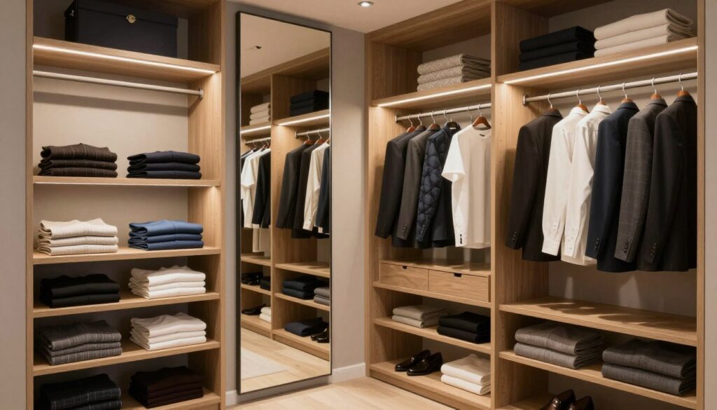 A stylish, well-organized wardrobe interior showcasing a functional design. In the foreground, a set of neatly arranged shelves of various sizes holds folded clothes and accessories, with a hanged section displaying elegant formal attire. In the middle, a full-length mirror reflects the organized space, conveying a sense of spaciousness. The backdrop features a warm, soft lighting that highlights the textures of the wood materials and the simple yet modern design elements. The angle captures the depth of the wardrobe, inviting the viewer to visualize the layout and storage options. The atmosphere is calm and sophisticated, emphasizing organization and style, perfect for a functional closet design. A stylish, well-organized wardrobe interior showcasing a functional design. In the foreground, a set of neatly arranged shelves of various sizes holds folded clothes and accessories, with a hanged section displaying elegant formal attire. In the middle, a full-length mirror reflects the organized space, conveying a sense of spaciousness. The backdrop features a warm, soft lighting that highlights the textures of the wood materials and the simple yet modern design elements. The angle captures the depth of the wardrobe, inviting the viewer to visualize the layout and storage options. The atmosphere is calm and sophisticated, emphasizing organization and style, perfect for a functional closet design.