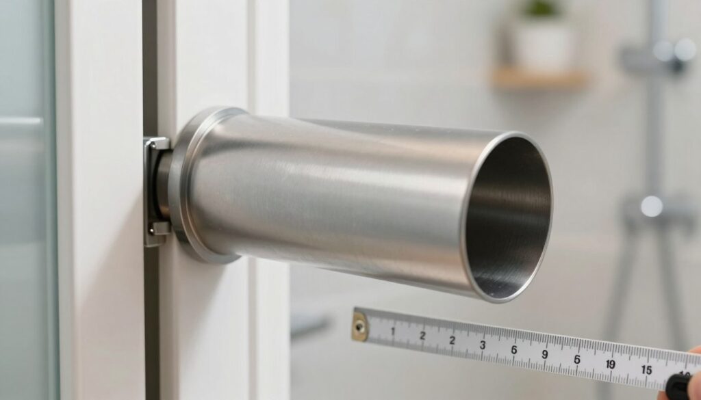 A technical close-up of a cylindrical ventilation sleeve, highlighting its diameter in relation to an air circulation system. The sleeve is metallic with a smooth surface and precise measurements clearly demonstrated. In the foreground, show a ruler measuring the diameter, with detailed markings visible. The middle ground depicts a partially opened bathroom door, emphasizing airflow and ventilation design. In the background, a soft focus on bathroom fixtures, creating an airy and clean atmosphere. The lighting is bright and even, simulating a natural daylight scenario that emphasizes clarity and sharpness. The image captures a professional and informative mood, ideal for discussing air circulation efficiency.