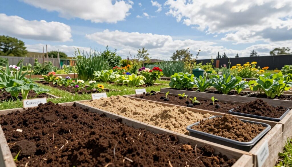 A vibrant and informative garden landscape showcasing various types of garden soil suitable for different plants, arranged in distinct sections. In the foreground, close-up views of rich, dark potting soil, sandy soil, and clay soil in labeled containers. The middle ground features lush greenery, small flowering plants, and vegetables growing in suitable soil types, displayed in an organized garden bed. In the background, a sunny, blue sky with scattered clouds, casting soft, natural light over the scene. Use a wide-angle lens to capture the depth and variety of soils, conveying a mood of abundance and growth. The overall atmosphere is inviting and educational, emphasizing the importance of selecting the right soil for gardening success. A vibrant and informative garden landscape showcasing various types of garden soil suitable for different plants, arranged in distinct sections. In the foreground, close-up views of rich, dark potting soil, sandy soil, and clay soil in labeled containers. The middle ground features lush greenery, small flowering plants, and vegetables growing in suitable soil types, displayed in an organized garden bed. In the background, a sunny, blue sky with scattered clouds, casting soft, natural light over the scene. Use a wide-angle lens to capture the depth and variety of soils, conveying a mood of abundance and growth. The overall atmosphere is inviting and educational, emphasizing the importance of selecting the right soil for gardening success.