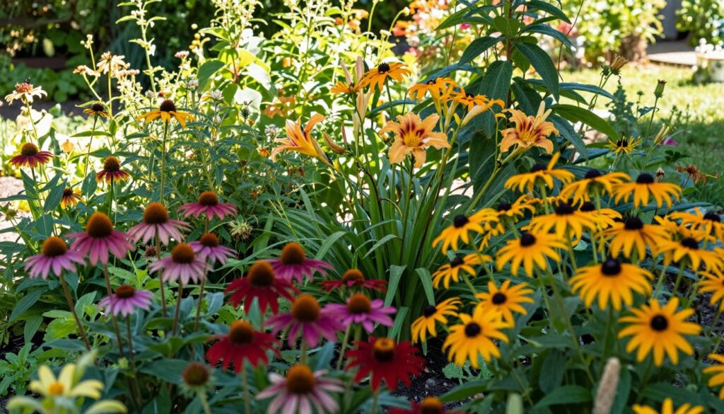 A vibrant garden scene depicting a diverse array of perennial plants thriving in a sunny location, showcasing various flowering species such as coneflowers, daylilies, and black-eyed Susans. In the foreground, focus on the richly colored blooms, displaying their intricate petal structures and lush green foliage. In the middle ground, add a mixture of foliage textures and heights to create depth, with sunlight filtering through the leaves, casting gentle shadows. The background should reveal a soft-focused garden with hints of other sunny spots, creating an inviting atmosphere. Use warm, natural lighting to enhance the vivid colors, employing a close-up angle that captures the beauty of the plants in their natural habitat, evoking a sense of tranquility and the joy of gardening.