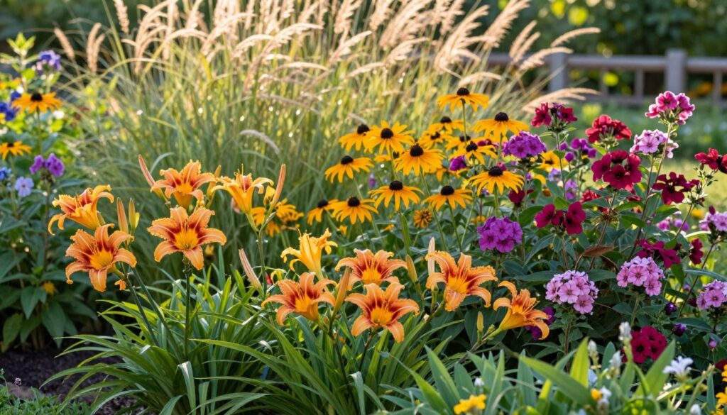 A vibrant garden scene featuring a variety of perennial plants in full bloom, showcasing their colorful flowers and lush green foliage. In the foreground, include clusters of blooming daylilies and coneflowers, with intricate details of their petals and textures. The middle ground should display a diverse selection of perennials, such as black-eyed Susans and phlox, arranged harmoniously to create a natural flow. In the background, a soft-focus of taller grasses waving gently in the breeze, alongside a glimpse of a wooden garden trellis. The lighting should be warm and golden, suggesting early morning or late afternoon, casting soft shadows that add depth. The mood is serene and inviting, perfect for showcasing durable beauty in garden design. The image should have a soft-focus effect, resembling a natural photograph in a magazine.