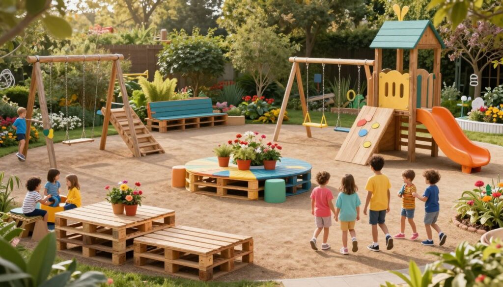A vibrant outdoor play area designed using wooden pallets, featuring colorful play structures like swings and climbing frames, arranged in a whimsical layout. In the foreground, children joyfully engage in play, wearing bright, casual clothing. The middle ground includes creatively constructed benches and tables made from pallets, adorned with potted flowers and playful decorations. A soft, warm sunlight bathes the scene, creating a cheerful atmosphere. The background showcases a lush garden with greenery and trees, giving a sense of a serene, nature-filled environment. The image captures the essence of creativity and fun, evoking a safe and inviting area for children to explore and play freely. The perspective is slightly elevated to offer a broad view of the playful setup. A vibrant outdoor play area designed using wooden pallets, featuring colorful play structures like swings and climbing frames, arranged in a whimsical layout. In the foreground, children joyfully engage in play, wearing bright, casual clothing. The middle ground includes creatively constructed benches and tables made from pallets, adorned with potted flowers and playful decorations. A soft, warm sunlight bathes the scene, creating a cheerful atmosphere. The background showcases a lush garden with greenery and trees, giving a sense of a serene, nature-filled environment. The image captures the essence of creativity and fun, evoking a safe and inviting area for children to explore and play freely. The perspective is slightly elevated to offer a broad view of the playful setup.