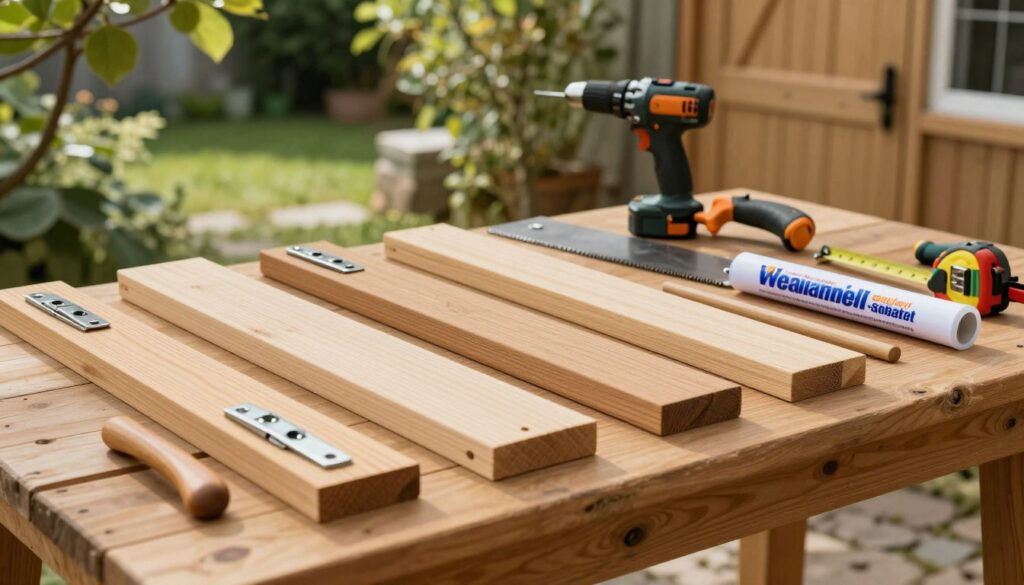 A visually appealing arrangement of essential materials for building garden shed doors, displayed on a wooden workbench. In the foreground, focus on high-quality components: sturdy wooden planks, metal hinges, a wooden handle, and a roll of weather-resistant sealant. In the middle ground, tools like a saw, drill, and measuring tape are neatly arranged, highlighting the craftsmanship involved. The background features a serene outdoor setting, suggesting a garden or shed. Soft, natural light filters through leafy branches, creating a warm and inviting atmosphere. Use a wide-angle lens to capture the entire workspace while emphasizing the textures of the wood and tools. A visually appealing arrangement of essential materials for building garden shed doors, displayed on a wooden workbench. In the foreground, focus on high-quality components: sturdy wooden planks, metal hinges, a wooden handle, and a roll of weather-resistant sealant. In the middle ground, tools like a saw, drill, and measuring tape are neatly arranged, highlighting the craftsmanship involved. The background features a serene outdoor setting, suggesting a garden or shed. Soft, natural light filters through leafy branches, creating a warm and inviting atmosphere. Use a wide-angle lens to capture the entire workspace while emphasizing the textures of the wood and tools.