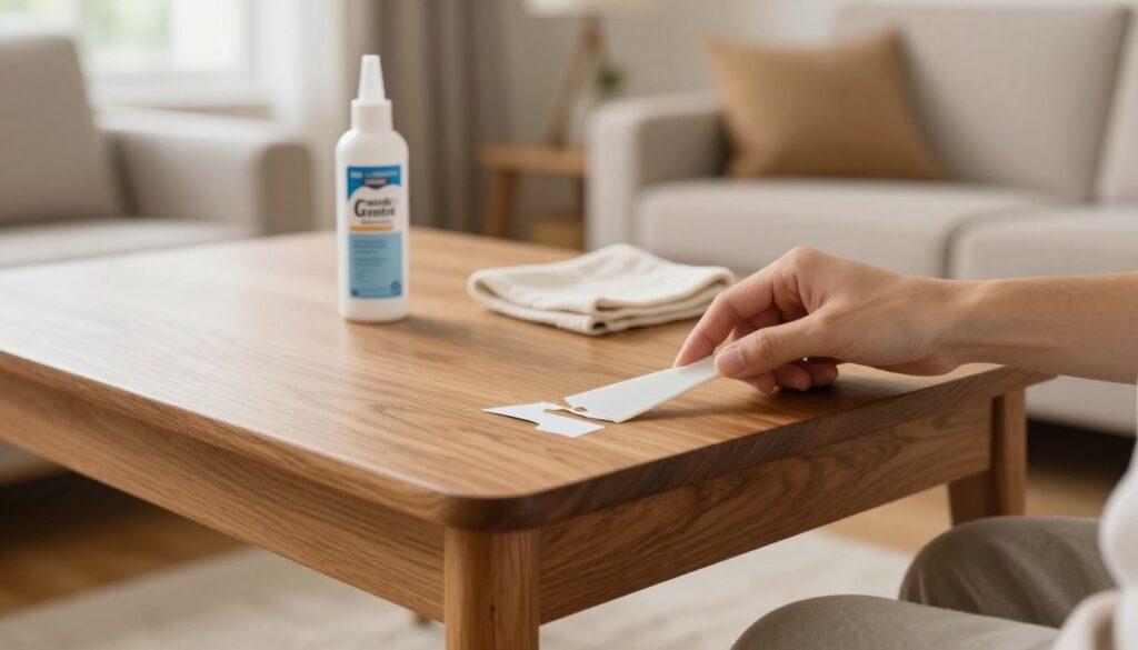 A well-lit, cozy living room scene, featuring a close-up of a wooden piece of furniture, such as a table or a chair, with a partially removed sticker on its surface. In the foreground, a hand in a modest casual outfit gently lifts the edge of the sticker using a plastic scraper to prevent damage; the focus is sharp on the interaction. The mid-ground showcases the beautifully grained wood of the furniture and an open bottle of adhesive remover along with a soft cloth. The background includes soft, natural light filtering through a window, enhancing the warm atmosphere. The mood is calm and practical, depicting a DIY home improvement task without any clutter or distractions in the environment.