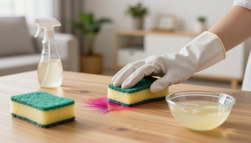 A well-lit, domestic setting focused on a wooden table with a vibrant streak of hair dye on its surface. In the foreground, there's a natural sponge and a small bowl filled with a homemade cleaning solution, suggesting an easy DIY method for removing hair color stains. In the middle ground, a pair of gloved hands gently scrub the stained area with the sponge, showcasing effective cleaning techniques. The background features a cozy living room with soft lighting, potted plants, and subtle décor, enhancing a warm and inviting atmosphere. The scene evokes a sense of practicality and care, highlighting household cleaning tips without any distractions or text elements. A well-lit, domestic setting focused on a wooden table with a vibrant streak of hair dye on its surface. In the foreground, there's a natural sponge and a small bowl filled with a homemade cleaning solution, suggesting an easy DIY method for removing hair color stains. In the middle ground, a pair of gloved hands gently scrub the stained area with the sponge, showcasing effective cleaning techniques. The background features a cozy living room with soft lighting, potted plants, and subtle décor, enhancing a warm and inviting atmosphere. The scene evokes a sense of practicality and care, highlighting household cleaning tips without any distractions or text elements.
