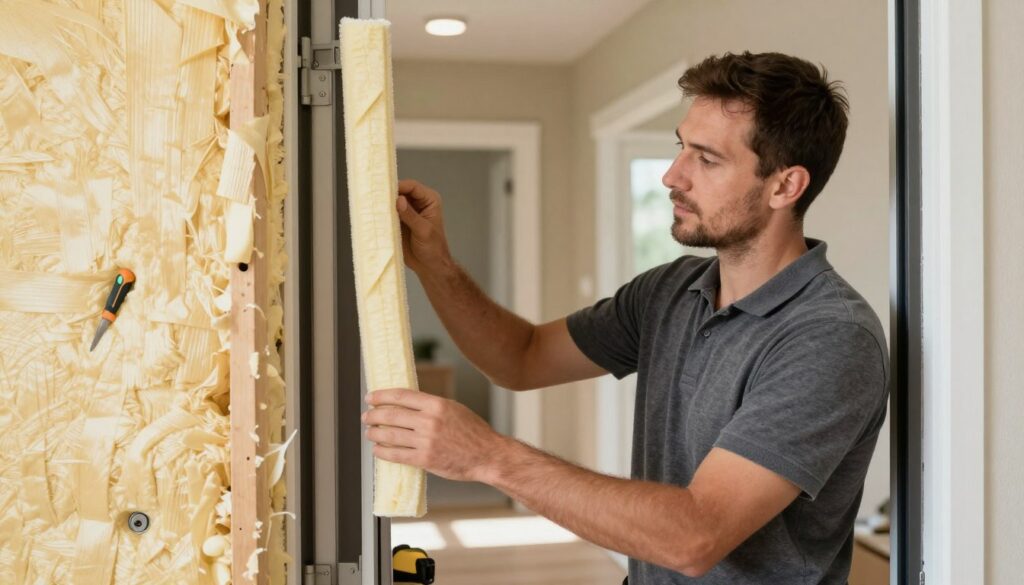 A well-lit interior scene featuring a professional installer working on the insulation of an exterior door. In the foreground, focus on the door being enhanced with high-quality insulation materials like foam and weather stripping, showcasing textured surfaces. In the middle ground, include tools like a utility knife, measuring tape, and adhesive, signaling an active home improvement project. The background should feature a neat home environment, perhaps a hallway with soft lighting that conveys warmth and comfort. Capture the installer dressed in modest casual attire, emphasizing a focused, diligent expression as they work. The overall atmosphere should be inviting and practical, highlighting the importance of door insulation for energy efficiency. A well-lit interior scene featuring a professional installer working on the insulation of an exterior door. In the foreground, focus on the door being enhanced with high-quality insulation materials like foam and weather stripping, showcasing textured surfaces. In the middle ground, include tools like a utility knife, measuring tape, and adhesive, signaling an active home improvement project. The background should feature a neat home environment, perhaps a hallway with soft lighting that conveys warmth and comfort. Capture the installer dressed in modest casual attire, emphasizing a focused, diligent expression as they work. The overall atmosphere should be inviting and practical, highlighting the importance of door insulation for energy efficiency.