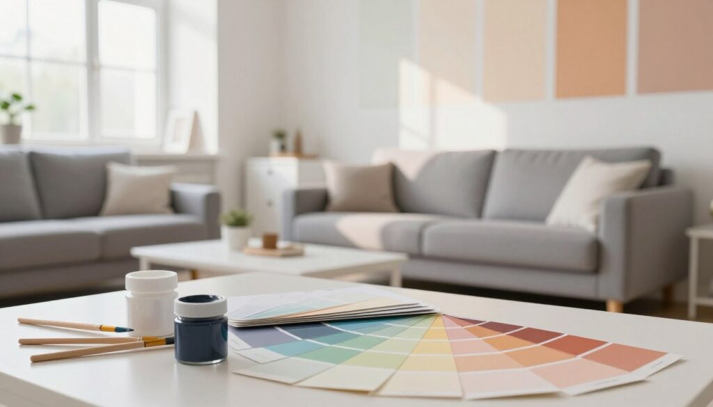 A well-lit interior scene showcasing a modern living space set up for color testing. In the foreground, several paint samples arranged on a table, with jars of paint and brushes nearby. The middle ground features a cozy gray sofa complemented by white furniture, creating a stylish and inviting atmosphere. In the background, a large window allows natural light to illuminate the room, casting soft shadows. The walls are partially painted with various test colors, reflecting a warm and welcoming mood. The image captures a sense of practicality and creativity in the process of choosing the perfect wall color, with attention to detail and a harmonious color palette.