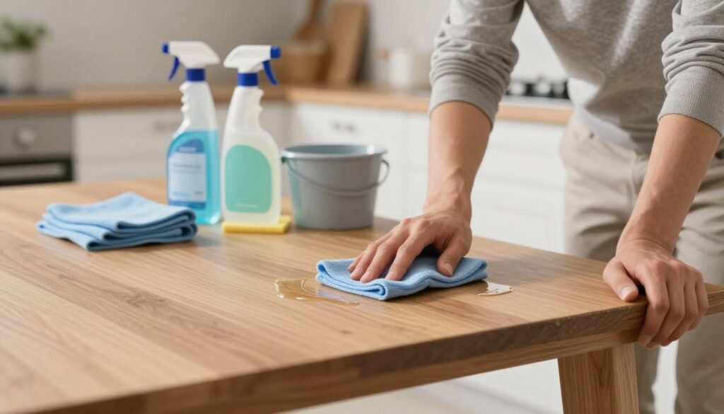 A well-lit interior scene showcasing a professional cleaning process on laminate furniture surfaces. In the foreground, a focused individual wearing modest casual clothing is using a cloth soaked in a cleaning solution to safely remove grease from a wooden laminate table. In the middle, there are various cleaning supplies neatly arranged, including a spray bottle, cloths, and a small bucket. The background features a softly blurred kitchen environment, emphasizing a clean and organized aesthetic. The lighting is bright, creating a welcoming and efficient atmosphere, while a shallow depth of field highlights the cleaning action, bringing attention to the surface being treated. The overall mood is one of thoroughness and preparation, setting the stage for painting furniture. A well-lit interior scene showcasing a professional cleaning process on laminate furniture surfaces. In the foreground, a focused individual wearing modest casual clothing is using a cloth soaked in a cleaning solution to safely remove grease from a wooden laminate table. In the middle, there are various cleaning supplies neatly arranged, including a spray bottle, cloths, and a small bucket. The background features a softly blurred kitchen environment, emphasizing a clean and organized aesthetic. The lighting is bright, creating a welcoming and efficient atmosphere, while a shallow depth of field highlights the cleaning action, bringing attention to the surface being treated. The overall mood is one of thoroughness and preparation, setting the stage for painting furniture.