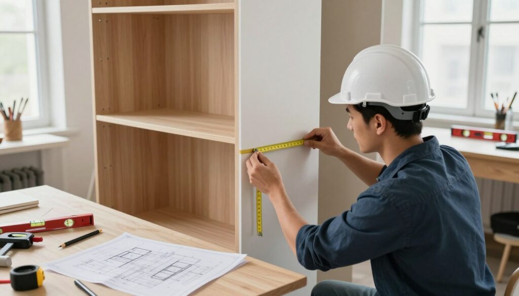A well-lit interior space showcasing the preparation of a niche for a custom wardrobe, highlighting accurate technical measurements. In the foreground, a professional wearing a hard hat and a measuring tape skillfully measures the niche's dimensions against a wall with blueprints and tools laid out on a table nearby. The middle ground features a partially completed wardrobe design, consisting of wooden panels and metal fittings, illustrating the project in progress. The background displays a workspace with drafting tools, a level, and a chalk line, along with natural light filtering through a window for a realistic touch. The atmosphere is focused and efficient, capturing the essence of meticulous planning and technical precision in furniture design.