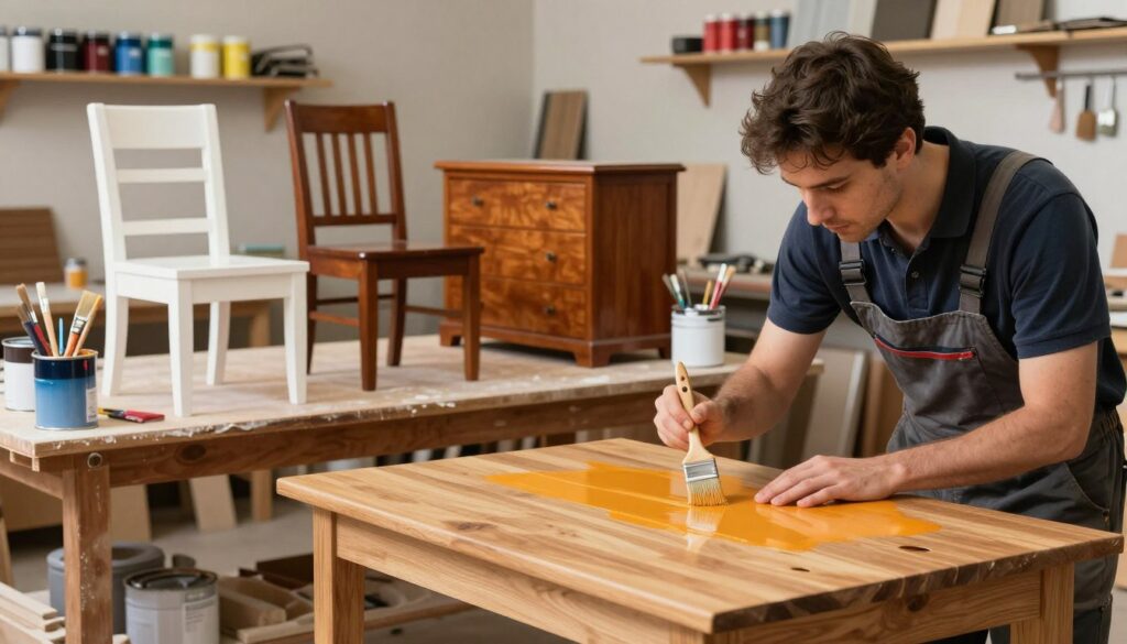 A well-lit workshop scene showcasing the process of painting furniture. In the foreground, a skilled artisan in professional attire is applying a smooth coat of vibrant paint onto a wooden table using a brush. The artisan displays a focused expression, meticulously working on the surface. In the middle ground, a variety of freshly painted furniture pieces, including a chair and a dresser, exhibit a glossy, smooth finish. They are arranged on a clean workbench, surrounded by painting supplies like paint cans, brushes, and sandpaper. The background features shelves filled with paint colors, tools, and wood samples, enhancing the atmosphere of a creative workspace. The light is warm and inviting, creating a productive yet serene ambiance.
