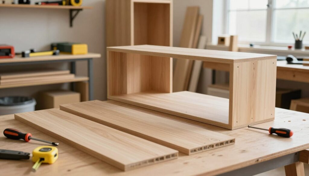 A well-lit workshop setting featuring the assembly of a freestanding wardrobe cabinet. In the foreground, three wooden panels are being carefully aligned, with tools such as a screwdriver and measuring tape placed nearby. The middle ground displays a partially assembled cabinet frame, showcasing its structure and stability features, with visible dowels and brackets being used for reinforcement. The background includes shelves filled with tools, wood pieces, and a well-organized workspace, all bathed in natural light streaming through a window, creating a warm and inviting atmosphere. The overall mood reflects a sense of craftsmanship and attention to detail, emphasizing the importance of assembly and structural integrity in DIY projects. A well-lit workshop setting featuring the assembly of a freestanding wardrobe cabinet. In the foreground, three wooden panels are being carefully aligned, with tools such as a screwdriver and measuring tape placed nearby. The middle ground displays a partially assembled cabinet frame, showcasing its structure and stability features, with visible dowels and brackets being used for reinforcement. The background includes shelves filled with tools, wood pieces, and a well-organized workspace, all bathed in natural light streaming through a window, creating a warm and inviting atmosphere. The overall mood reflects a sense of craftsmanship and attention to detail, emphasizing the importance of assembly and structural integrity in DIY projects.