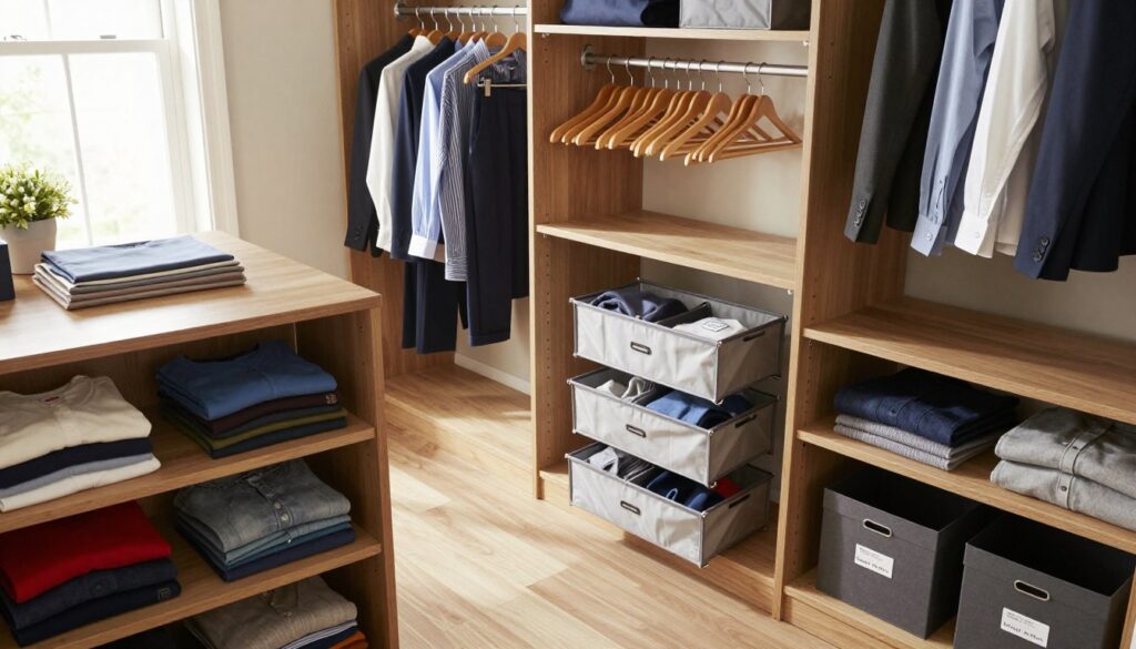 A well-organized closet interior showcasing a variety of closet accessories for optimal organization. In the foreground, neatly arranged wooden shelves displaying colorful folded clothes and labeled storage boxes. In the middle ground, a sleek garment rack holding a selection of professional attire, including blouses and trousers, and a set of matching hangers. A pull-out shoe organizer emphasizes functionality. In the background, soft natural light filters in through a window, enhancing the inviting atmosphere. Use a wide-angle lens to capture the entire scene from a slightly elevated angle, creating a spacious feel. The overall mood is calm and organized, emphasizing the importance of effective space management in a stylish way.