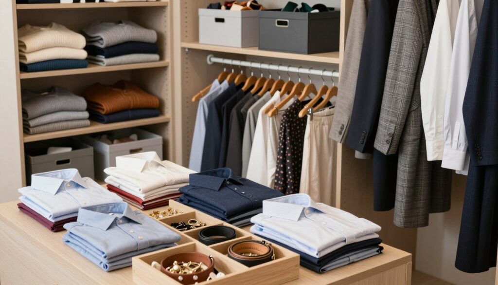 A well-organized, deep wardrobe showcasing neatly arranged clothes in a functional layout. In the foreground, display folded shirts stacked neatly and color-coordinated, with compartments for smaller items like accessories or belts. In the middle, feature hanging clothes on sturdy wooden hangers, including suits and dresses, creating an orderly appearance. The background should depict shelves containing neatly folded sweaters and a few open storage boxes for seasonal items. Use soft, natural lighting to create a warm and inviting atmosphere, highlighting the textures of the fabrics. The angle should be a slightly elevated view, capturing the depth and functionality of the closet, with an overall mood of efficiency and calm organization.