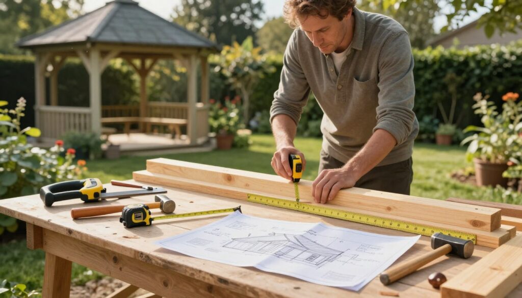 A well-organized outdoor workshop scene focused on preparing materials for a garden gazebo roof. In the foreground, a sturdy workbench is covered with timber beams, joists, and architectural blueprints, showcasing precise measurements and cuts. Tools like a saw, measuring tape, and hammer are neatly placed alongside a pad of paper with sketches of the roof structure. In the middle ground, an expert craftsman, dressed in modest casual clothing, is measuring lumber with a tape measure, deeply focused on the task. The background features a lush garden with vibrant green foliage and a partially constructed gazebo, illuminated by soft, warm sunlight filtering through the trees, casting gentle shadows. The overall atmosphere is one of diligence and creativity, inviting viewers into the construction process.