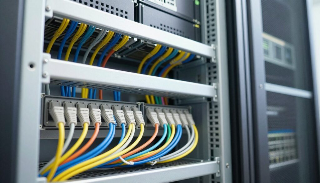 A well-organized rack cabinet filled with neatly arranged cables, showcasing a clean and professional setup. In the foreground, highlight the vibrant colored cables, meticulously bundled and labeled for easy identification, following the principles of effective cable management. The middle section should display the rack itself, emphasizing the structure with clear airflow pathways, and incorporating ventilation grids to illustrate proper airflow. In the background, subtly include the IT equipment like servers and switches. The scene should be well-lit, using natural and artificial lighting to create a bright, efficient atmosphere, capturing the essence of a modern data center. Use a slight low-angle perspective to give a sense of depth and organization in this professional environment. A well-organized rack cabinet filled with neatly arranged cables, showcasing a clean and professional setup. In the foreground, highlight the vibrant colored cables, meticulously bundled and labeled for easy identification, following the principles of effective cable management. The middle section should display the rack itself, emphasizing the structure with clear airflow pathways, and incorporating ventilation grids to illustrate proper airflow. In the background, subtly include the IT equipment like servers and switches. The scene should be well-lit, using natural and artificial lighting to create a bright, efficient atmosphere, capturing the essence of a modern data center. Use a slight low-angle perspective to give a sense of depth and organization in this professional environment.