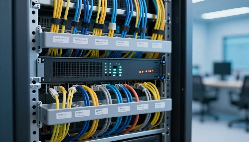 A well-organized rack cabinet filled with neatly arranged cables, showcasing different colors and clear labeling. In the foreground, a close-up view of structured cable management with Velcro ties and cable organizers. The middle section features a rack of server units, with glowing LED indicators and vented panels for proper airflow. In the background, a soft-focus of a modern IT room with cool blue lighting and a sleek design. The atmosphere is professional and technical, reflecting a meticulous approach to IT infrastructure. The scene captures the importance of cable management, emphasizing clarity, organization, and efficient airflow without any text or distractions. A well-organized rack cabinet filled with neatly arranged cables, showcasing different colors and clear labeling. In the foreground, a close-up view of structured cable management with Velcro ties and cable organizers. The middle section features a rack of server units, with glowing LED indicators and vented panels for proper airflow. In the background, a soft-focus of a modern IT room with cool blue lighting and a sleek design. The atmosphere is professional and technical, reflecting a meticulous approach to IT infrastructure. The scene captures the importance of cable management, emphasizing clarity, organization, and efficient airflow without any text or distractions.