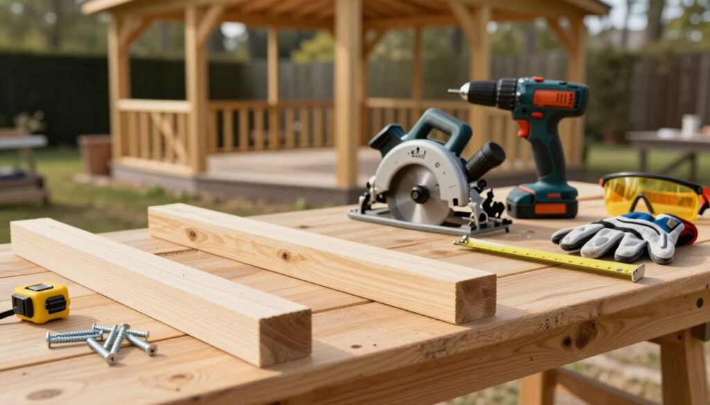 A well-organized workbench displaying various essential materials and tools for reinforcing a wooden gazebo structure. In the foreground, there are sturdy wooden beams, metal brackets, screws, and a measuring tape. The middle ground features a set of power tools, such as a circular saw and a drill, along with safety gear like goggles and gloves. In the background, a slightly blurred outdoor setting shows a half-constructed wooden gazebo with trees and natural light filtering through. The scene conveys an atmosphere of professionalism and craftsmanship, illuminated by warm daylight, enhancing the details on the tools and materials. The composition is from a slight overhead angle, focusing on the workbench. A well-organized workbench displaying various essential materials and tools for reinforcing a wooden gazebo structure. In the foreground, there are sturdy wooden beams, metal brackets, screws, and a measuring tape. The middle ground features a set of power tools, such as a circular saw and a drill, along with safety gear like goggles and gloves. In the background, a slightly blurred outdoor setting shows a half-constructed wooden gazebo with trees and natural light filtering through. The scene conveys an atmosphere of professionalism and craftsmanship, illuminated by warm daylight, enhancing the details on the tools and materials. The composition is from a slight overhead angle, focusing on the workbench.