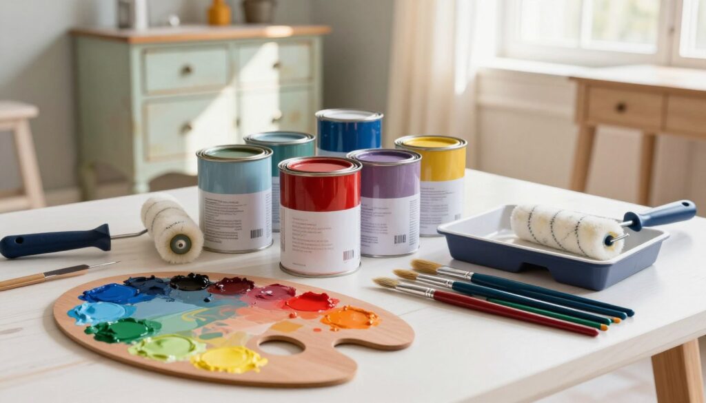 A well-organized workspace featuring an array of colorful furniture paints and painting tools. In the foreground, display an artist's palette with vibrant shades of blues, reds, greens, and yellows next to a set of high-quality brushes of various sizes. In the middle ground, showcase several open paint cans with labels showing the colors, accompanied by rollers and a paint tray. The background should depict a well-lit room with a partially painted vintage cabinet, sunlight streaming through a window, illuminating the scene and creating a warm, inviting atmosphere. The angle should provide a clear view of the tools and paints while highlighting the transformation process of furniture upcycling.