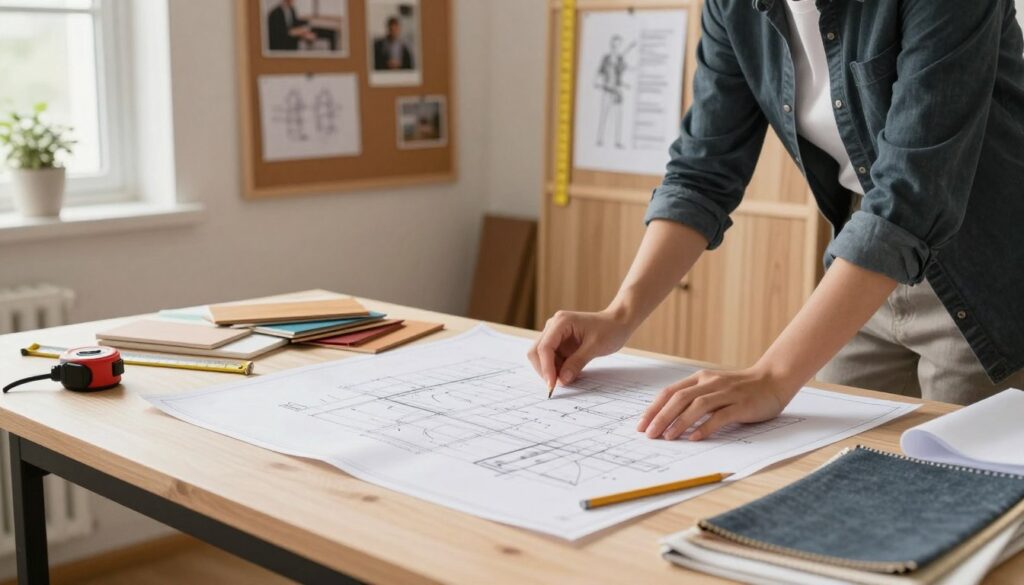 A well-organized workspace showing the process of designing a wardrobe. In the foreground, a drafting table covered with blueprints, a tape measure, and various design tools like pencils and a ruler. In the middle, a person in professional attire examining the blueprints, deep in thought, surrounded by wood samples and fabric swatches. The background features a wall with a corkboard pinned with inspiration photos, cabinet door sketches, and measuring charts. Soft, natural light streams in from a nearby window, creating a warm and inviting atmosphere. The scene conveys a sense of creativity and professionalism, emphasizing the preparation and planning phase of DIY furniture building. A well-organized workspace showing the process of designing a wardrobe. In the foreground, a drafting table covered with blueprints, a tape measure, and various design tools like pencils and a ruler. In the middle, a person in professional attire examining the blueprints, deep in thought, surrounded by wood samples and fabric swatches. The background features a wall with a corkboard pinned with inspiration photos, cabinet door sketches, and measuring charts. Soft, natural light streams in from a nearby window, creating a warm and inviting atmosphere. The scene conveys a sense of creativity and professionalism, emphasizing the preparation and planning phase of DIY furniture building.