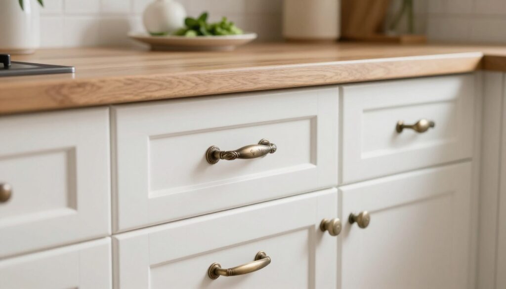 An elegant display of traditional kitchen handles on white cabinetry, showcasing a blend of classic design and functionality. The foreground features a close-up of various handle styles, including ornate metal pulls and classic knobs, highlighting their intricate details and finishes. In the middle, a beautifully organized kitchen scene with white cabinets and natural wood elements creates a warm, inviting atmosphere, evoking a sense of timeless charm. The background showcases soft, diffused lighting that gently illuminates the space, enhancing the texture of the cabinetry and the luster of the handles. Include a subtle hint of fresh herbs and plants for added warmth, all captured with a shallow depth of field to draw attention to the handles. The overall mood is cozy and sophisticated, perfect for a traditional kitchen setup. An elegant display of traditional kitchen handles on white cabinetry, showcasing a blend of classic design and functionality. The foreground features a close-up of various handle styles, including ornate metal pulls and classic knobs, highlighting their intricate details and finishes. In the middle, a beautifully organized kitchen scene with white cabinets and natural wood elements creates a warm, inviting atmosphere, evoking a sense of timeless charm. The background showcases soft, diffused lighting that gently illuminates the space, enhancing the texture of the cabinetry and the luster of the handles. Include a subtle hint of fresh herbs and plants for added warmth, all captured with a shallow depth of field to draw attention to the handles. The overall mood is cozy and sophisticated, perfect for a traditional kitchen setup.