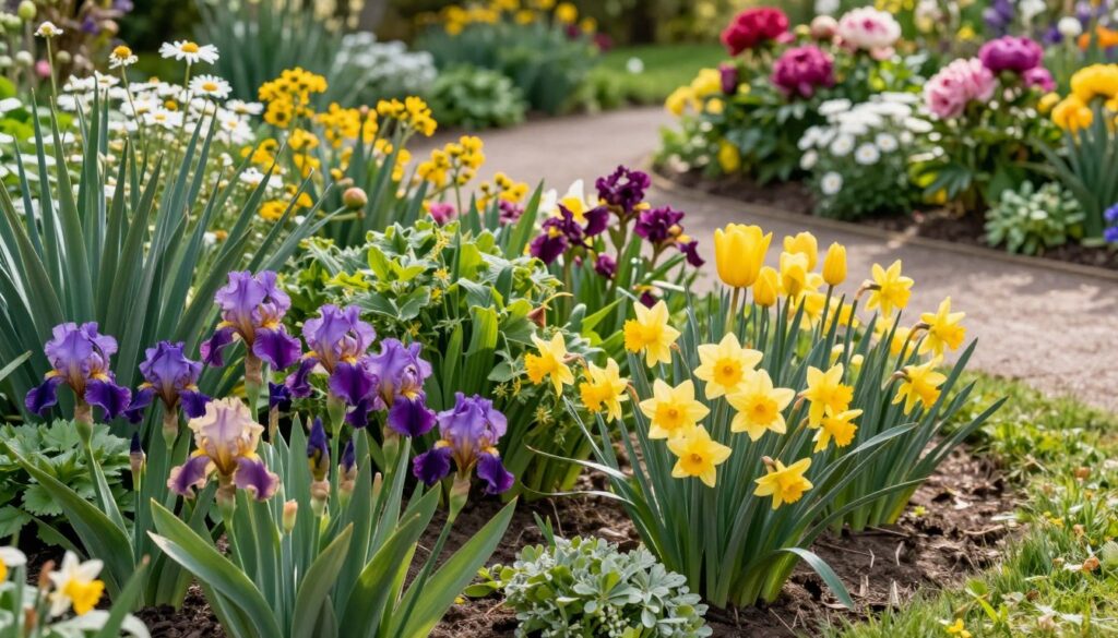 An elegantly designed garden bed showcasing a vibrant array of perennial flowers at different stages of bloom throughout the seasons. In the foreground, clusters of striking purple and yellow iris flowers interspersed with cheerful daffodils and tulips, creating a harmonious color palette. The middle ground features lush green foliage, framing the flowers and providing texture contrast. In the background, a soft-focus garden path winds through the landscape, bordered by a variety of flowering plants like daisies and peonies, blooming at staggered times for continuous color. Bright, natural sunlight bathes the scene in warm, golden tones, enhancing the lushness of the plants. The overall atmosphere should evoke a sense of tranquility and inspiration for effective garden planning based on blooming periods.