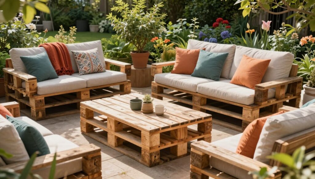 An inviting outdoor setting featuring beautifully crafted garden furniture made from wooden pallets. In the foreground, showcase a rustic pallet coffee table surrounded by a stylish sofa constructed from stacked pallets, adorned with colorful cushions. In the middle ground, include elegant pallet seating with vibrant throws, creating a cozy lounge atmosphere. The background should present a lush green garden and flowering plants, enhancing the natural vibe. Soft, warm sunlight filters through the leaves, casting gentle shadows on the furniture. Capture this scene from a slightly elevated angle to emphasize the layout, while maintaining a serene, homey mood that invites relaxation and creativity.