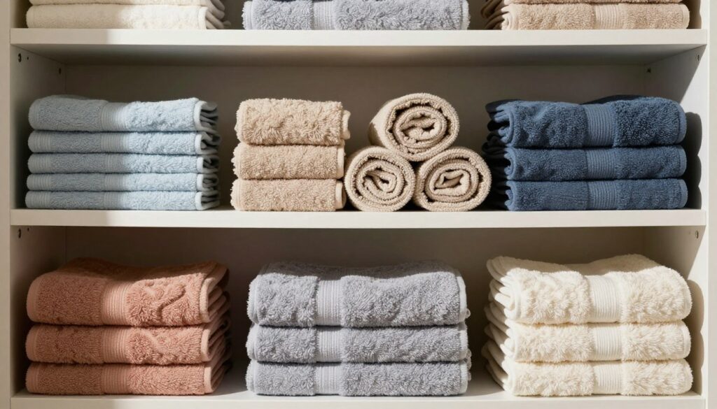 An organized, aesthetically pleasing linen closet filled with neatly folded towels in various colors, stacked harmoniously. In the foreground, showcase several towels folded in a space-saving method, highlighting neatness and order with soft, natural lighting that creates an inviting atmosphere. The middle ground features a variety of towel sizes, some rolled and others stacked vertically to maximize space. In the background, subtle shelves lined with additional linens, accented by soft shadows to enhance depth. The scene is enhanced by a gentle warmth, evoking a sense of tranquility and cleanliness, perfect for those seeking practical storage solutions. No people are present in the image, ensuring focus on the towels and organization.