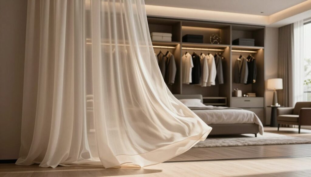 Elegant and stylish interior featuring a wardrobe concealed by flowing, lightweight curtains in a soft, neutral color. In the foreground, the curtains gently sway as if caught in a breeze, showcasing delicate textures. In the middle, a modern open closet system is partially visible, adorned with neatly organized clothing and accessories. The background is a tastefully decorated bedroom with warm, ambient lighting casting a cozy glow. A plush rug and minimalist furniture enhance the inviting atmosphere, while natural light streams through a nearby window, creating soft shadows. The overall mood is serene and sophisticated, emphasizing the curtain's role as an attractive alternative to traditional doors. Elegant and stylish interior featuring a wardrobe concealed by flowing, lightweight curtains in a soft, neutral color. In the foreground, the curtains gently sway as if caught in a breeze, showcasing delicate textures. In the middle, a modern open closet system is partially visible, adorned with neatly organized clothing and accessories. The background is a tastefully decorated bedroom with warm, ambient lighting casting a cozy glow. A plush rug and minimalist furniture enhance the inviting atmosphere, while natural light streams through a nearby window, creating soft shadows. The overall mood is serene and sophisticated, emphasizing the curtain's role as an attractive alternative to traditional doors.