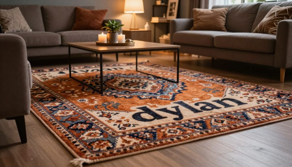 In a cozy living room setting, a beautifully designed "dywan" sprawls across the floor, showcasing intricate patterns and warm colors that complement the grey walls and brown furniture. The foreground features a close-up of the soft, textured fibers of the rug, inviting touch and comfort. In the middle ground, a stylish coffee table with decorative items like candles and plants sits atop the dywan, enhancing the homey atmosphere. The background includes a softly lit lamp and shelves adorned with books and art pieces, creating a warm and inviting glow. The scene captures a harmonious balance between elegance and warmth, evoking a sense of relaxation and style. The lighting is warm and ambient, casting soft shadows that add depth, and the angle is slightly elevated to provide an encompassing view of the inviting space. In a cozy living room setting, a beautifully designed "dywan" sprawls across the floor, showcasing intricate patterns and warm colors that complement the grey walls and brown furniture. The foreground features a close-up of the soft, textured fibers of the rug, inviting touch and comfort. In the middle ground, a stylish coffee table with decorative items like candles and plants sits atop the dywan, enhancing the homey atmosphere. The background includes a softly lit lamp and shelves adorned with books and art pieces, creating a warm and inviting glow. The scene captures a harmonious balance between elegance and warmth, evoking a sense of relaxation and style. The lighting is warm and ambient, casting soft shadows that add depth, and the angle is slightly elevated to provide an encompassing view of the inviting space.