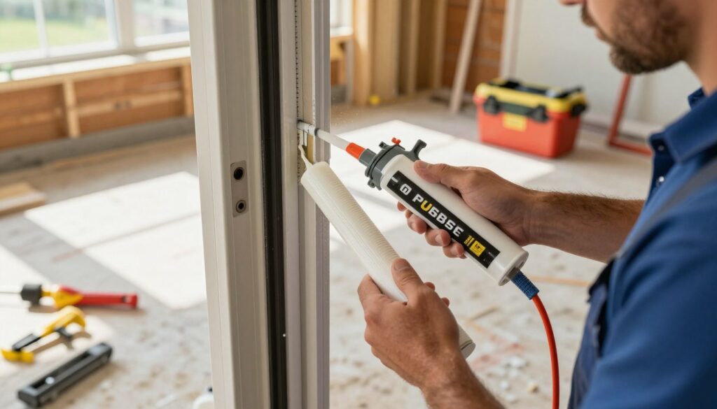 In a well-lit construction site, a skilled technician in professional attire is carefully sealing the gaps around an exterior door frame, employing specialized insulation materials. In the foreground, focus on the technician’s hands applying sealant, highlighting the texture of the material and tools like a caulking gun. The middle ground features the partially installed door, showcasing its sturdy structure and the meticulous attention to craftsmanship. In the background, various construction tools and materials are neatly organized, casting soft shadows under natural daylight streaming in from a nearby window. The atmosphere is one of professionalism and precision, emphasizing the importance of thermal insulation and structural integrity in home installation. In a well-lit construction site, a skilled technician in professional attire is carefully sealing the gaps around an exterior door frame, employing specialized insulation materials. In the foreground, focus on the technician’s hands applying sealant, highlighting the texture of the material and tools like a caulking gun. The middle ground features the partially installed door, showcasing its sturdy structure and the meticulous attention to craftsmanship. In the background, various construction tools and materials are neatly organized, casting soft shadows under natural daylight streaming in from a nearby window. The atmosphere is one of professionalism and precision, emphasizing the importance of thermal insulation and structural integrity in home installation.