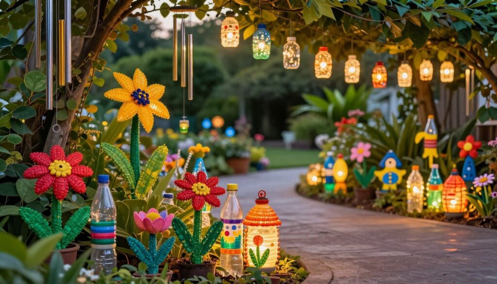 Vibrant garden decorations made from recycled plastic bottles, featuring creative designs such as colorful bottle flower planters, garden wind chimes, and whimsical lanterns for ambient lighting. In the foreground, showcase a variety of shaped bottles turned into stunning flower sculptures, with bright colors and patterns reflecting sunlight. The middle ground highlights a pathway lined with hanging bottle lanterns softly illuminating the surroundings with a warm, inviting glow as dusk approaches. In the background, lush green foliage contrasts beautifully with the decorations. The image is captured during golden hour, enhancing the overall cheerful atmosphere, with a focus on sustainability and creativity in garden décor. Vibrant garden decorations made from recycled plastic bottles, featuring creative designs such as colorful bottle flower planters, garden wind chimes, and whimsical lanterns for ambient lighting. In the foreground, showcase a variety of shaped bottles turned into stunning flower sculptures, with bright colors and patterns reflecting sunlight. The middle ground highlights a pathway lined with hanging bottle lanterns softly illuminating the surroundings with a warm, inviting glow as dusk approaches. In the background, lush green foliage contrasts beautifully with the decorations. The image is captured during golden hour, enhancing the overall cheerful atmosphere, with a focus on sustainability and creativity in garden décor.