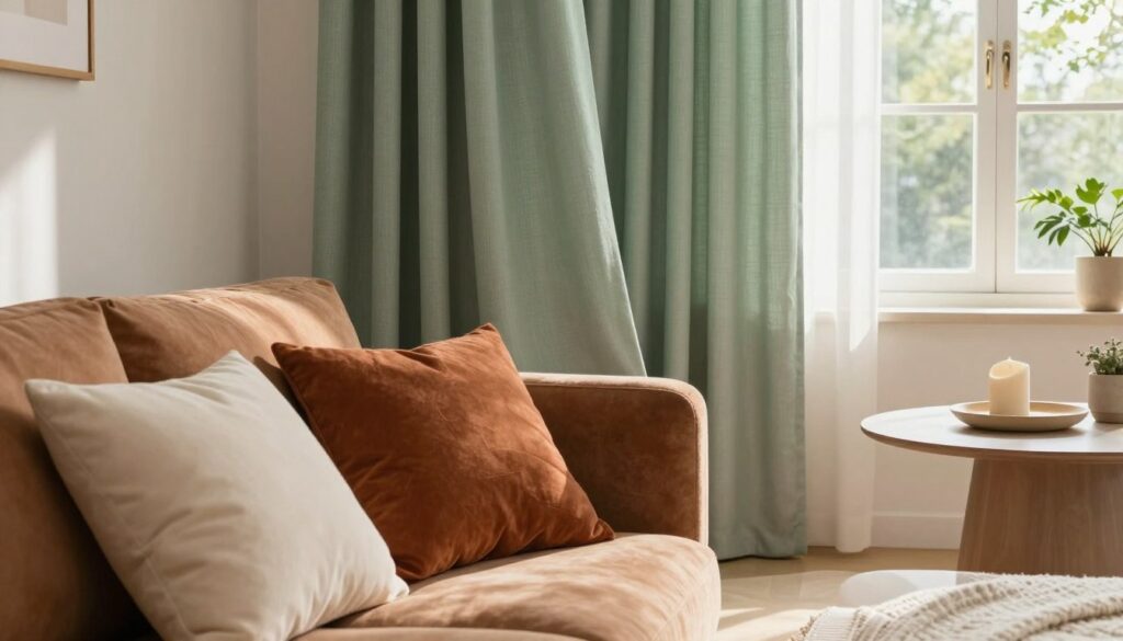 a harmonious color palette for a cozy interior, featuring a stylish living room with brown furniture. In the foreground, a plush, earthy-toned sofa adorned with soft cushions in warm cream and rich rust hues. The middle area showcases elegant curtains in a soft, muted green fabric gently draping beside a bright window, letting in natural light that highlights the textures. In the background, a minimalist coffee table places a stylish decor piece surrounded by natural elements like potted plants. The scene is softly lit in warm sunlight, creating a tranquil and inviting atmosphere, captured from a low angle to emphasize the cozy feel. The overall mood is serene and welcoming, reflecting a perfect blend of colors and fabrics.
